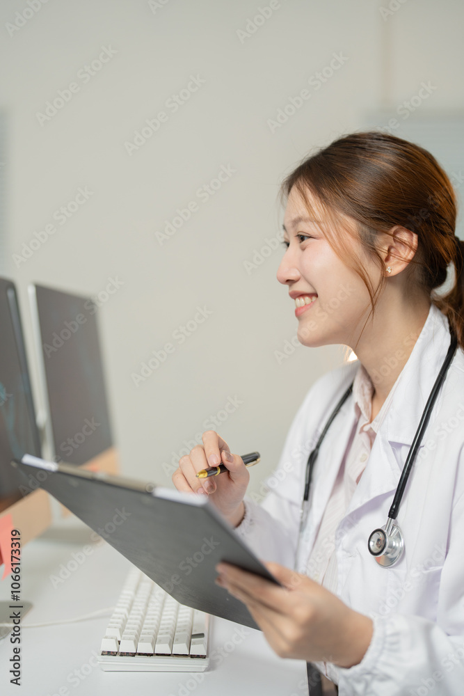 Young female doctor wearing lab coat and stethoscope is writing medical report while looking at computer screen in hospital office Young female doctor wearing lab coat and stethoscope is writing medical report while looking at computer screen in hospital office