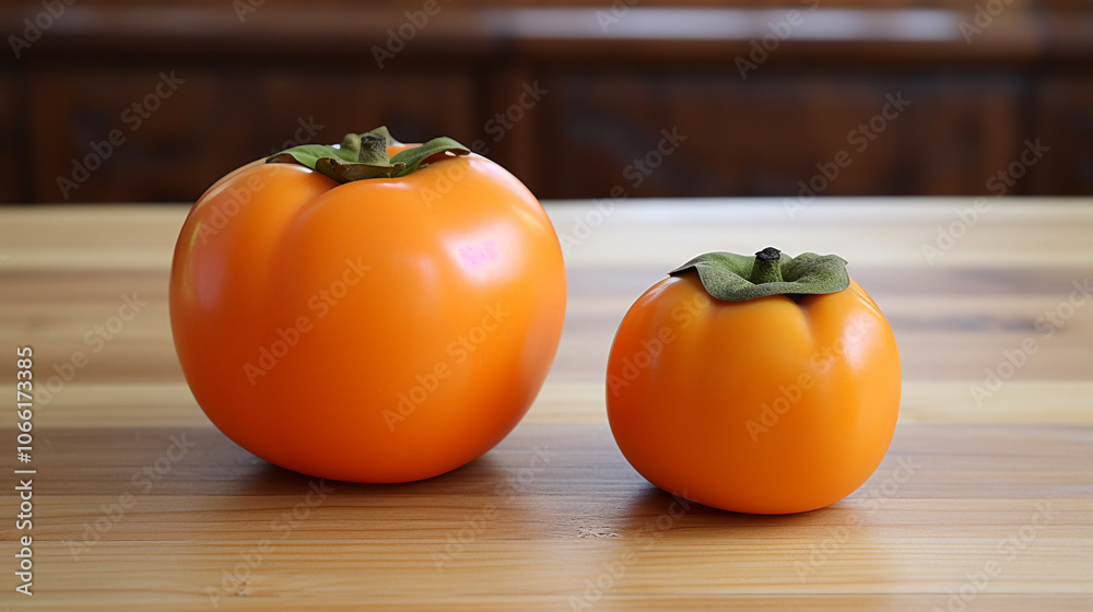 Two persimmons on a wooden table Two persimmons on a wooden table