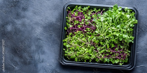 Freshly harvested micro greens in tray on table with beet shoots, perfect for preparing vegetarian salads, micro greens, vegetarian salads, tray, healthy photo