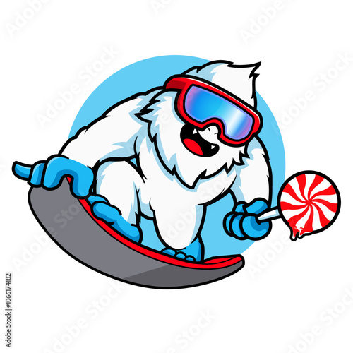 vector mascot illustration of Yeti Snowboarding bring candy