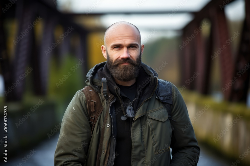 Portrait of a bearded man in a green jacket on the bridge Portrait of a bearded man in a green jacket on the bridge
