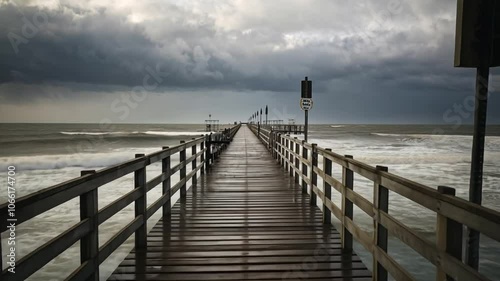 A lonely wooden pier extending over choppy, wind-tossed water, with waves crashing against its sides. Loose boards and signs creak as the storm gathers overhead.