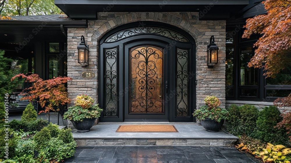 Fototapeta premium Luxury front door with frosted glass panels and ornate iron designs.