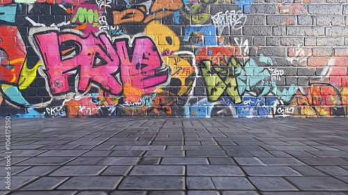 Colorful Graffiti Wall with Cobblestone Floor.