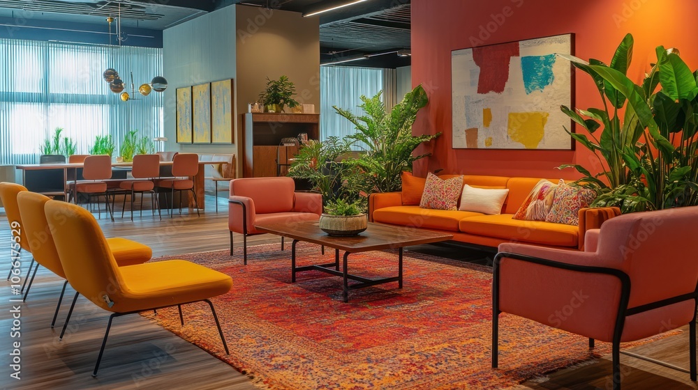 Modern Office Lounge with Vibrant Colors and Plants Modern Office Lounge with Vibrant Colors and Plants