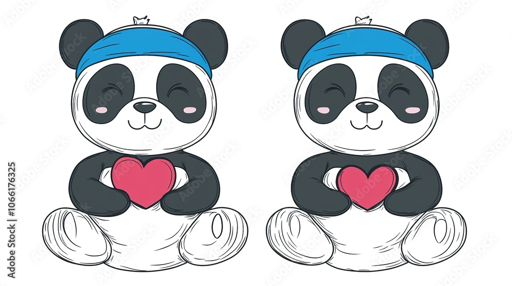A cute panda meditating with a blue headband, smiling and holding a heart in one hand. This children's minimalist coloring book design features multicolored elements with a focus on blue and white, A cute panda meditating with a blue headband, smiling and holding a heart in one hand. This children's minimalist coloring book design features multicolored elements with a focus on blue and white,