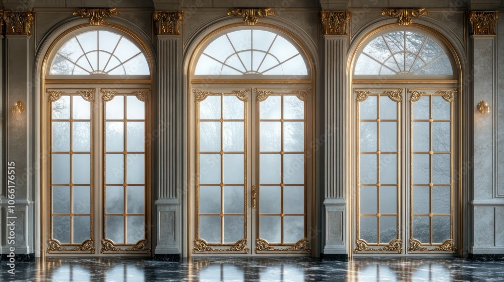 Obraz premium Luxury glass door with frosted glass panels and gold accents, isolated on a transparent background.