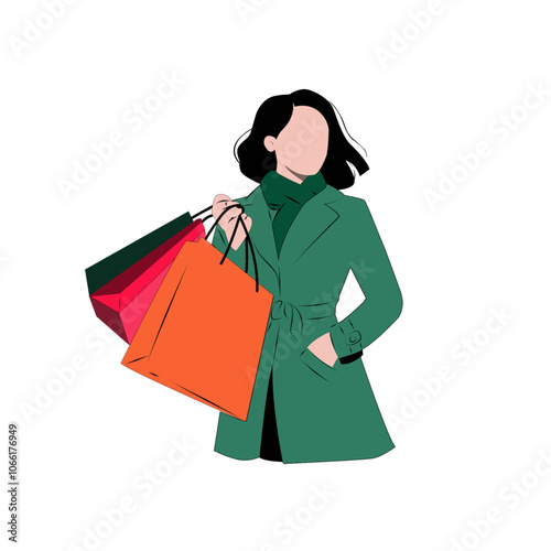 vector illustration of woman carrying shopping bags