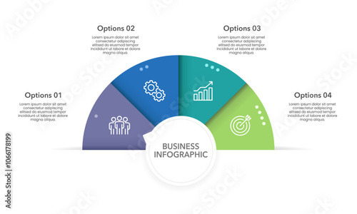 4 Steps or Options Semicircle Infographic Template. Business presentation, Banner, Plan, Marketing and Strategy. Vector Illustration.