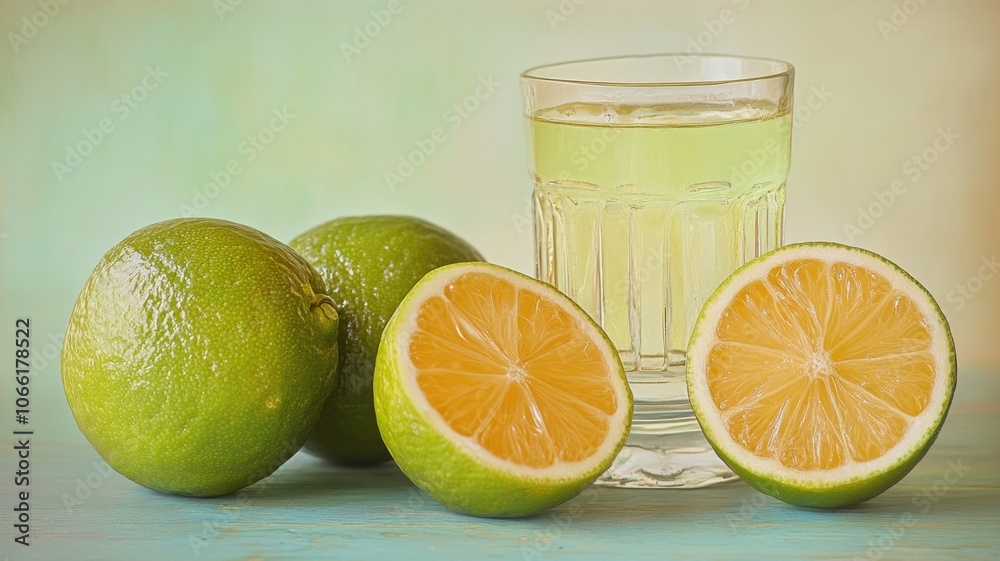 A glass of lemon juice with limes and lemon slices on a wooden surface.