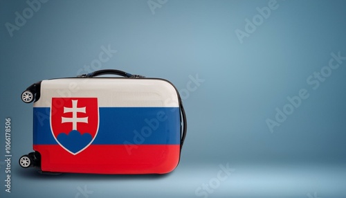 スロバキアの国旗のスーツケース。(Slovakia flag on a stylish suitcase and copy space.) 