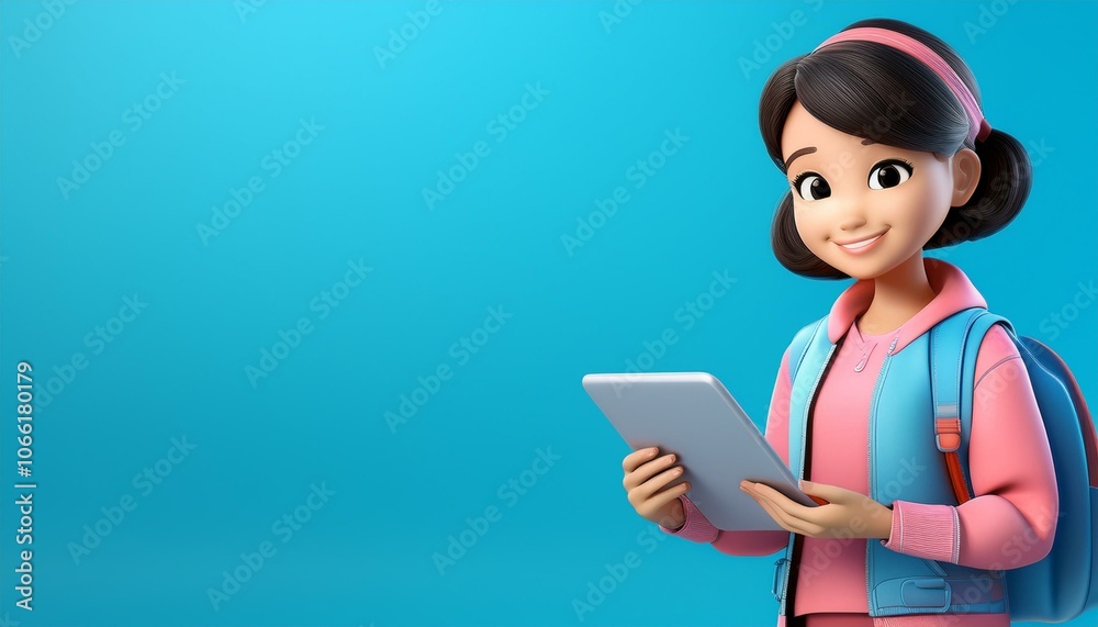 3D cute character, woman shopping online with tablet or smartphone, empty space for design text 3D cute character, woman shopping online with tablet or smartphone, empty space for design text