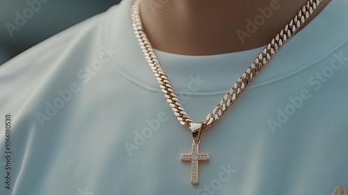 A man showcases a golden cross necklace on his neck while wearing a plain T-shirt, with a softly blurred background enhancing the focus.