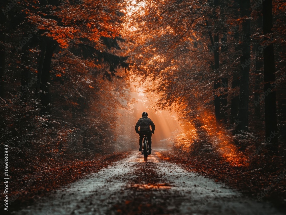 Fototapeta premium Soft focus shot of a person riding a bicycle down a treelined street, blurred trees in the background, creating a peaceful and dreamy vibe