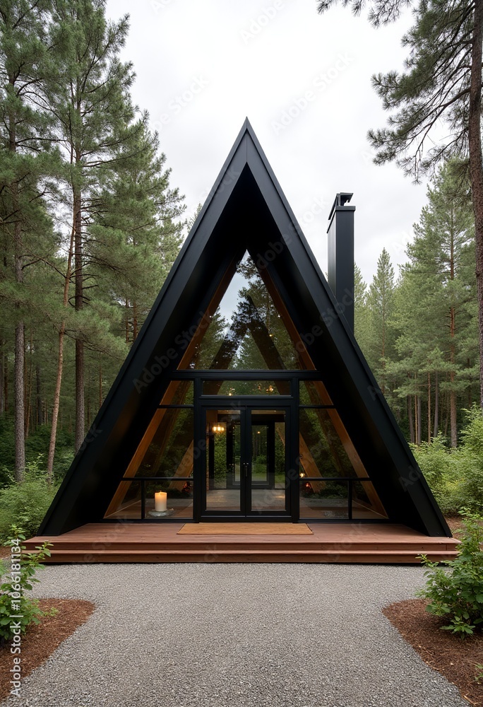 Fototapeta premium Explore a Contemporary A-Frame Cabin with Bold Black Metal Accents and Vast Windows, Perfectly Situated in a Tranquil Woodland Setting