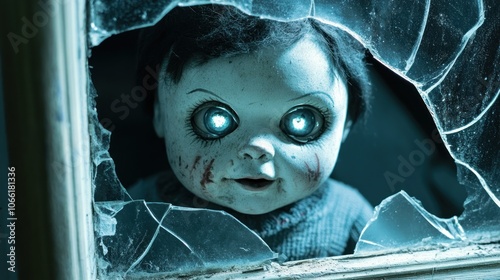 Creepy Doll Peering Through Broken Window photo