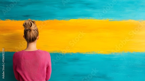 A Creative Scene: Female Artist Engaged with Vibrant Abstract Artwork in a Modern Presentation. Boss Women Concept photo