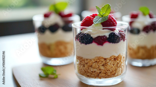 Layered Greek yogurt with berries on top