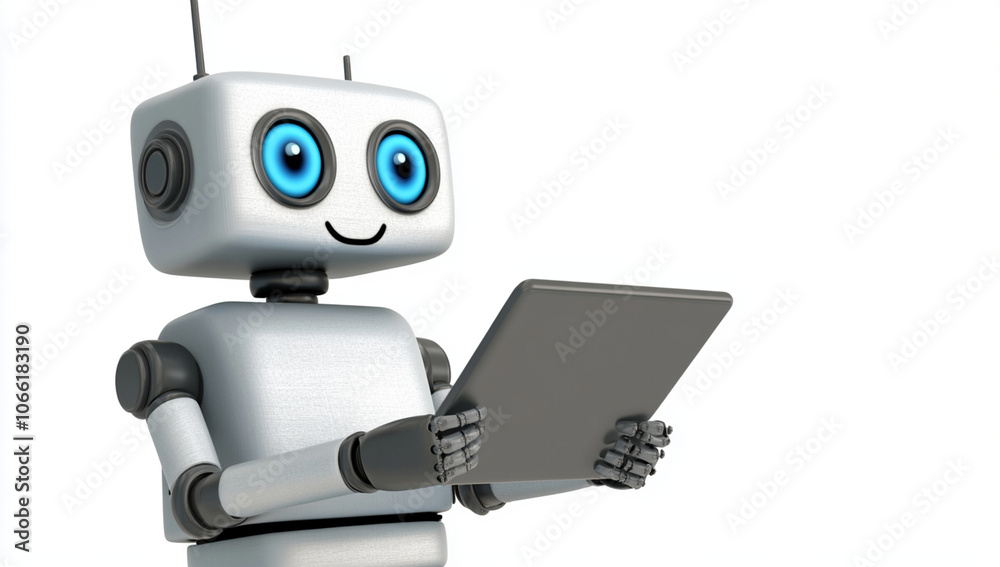 robot with big blue eyes is happily holding digital tablet, showcasing friendly and engaging demeanor. This 3D render captures essence of modern technology and innovation