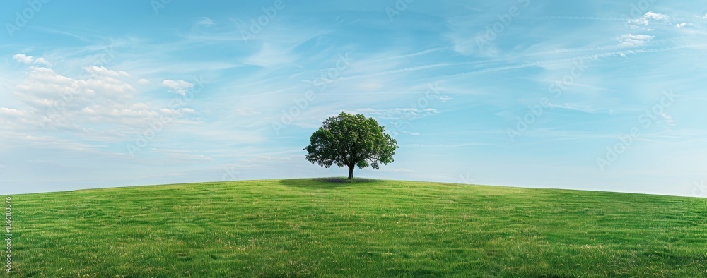 Fototapeta premium A Single Tree on a Rolling Green Hill Under a Blue Sky with White Clouds