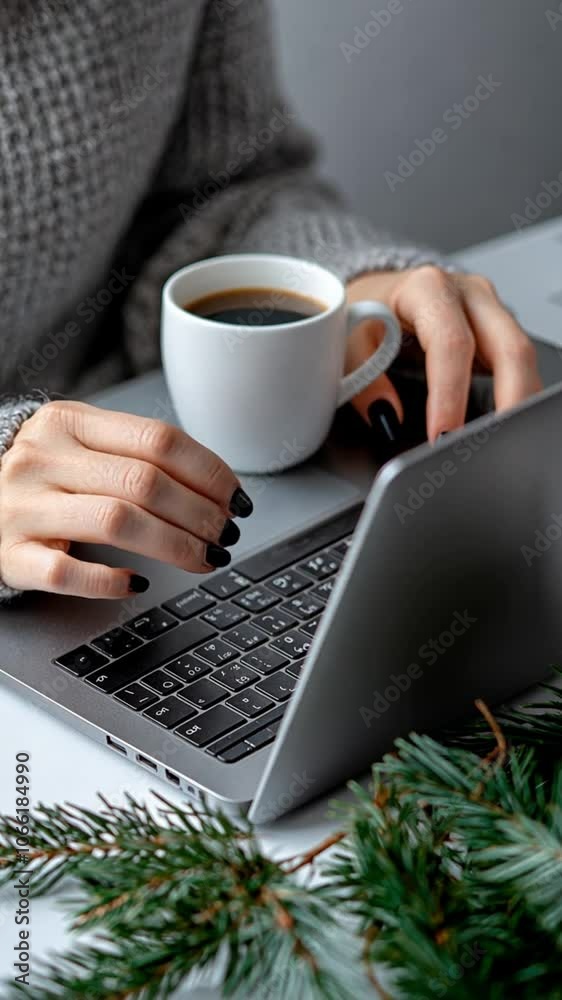 A person typing on a laptop while holding a coffee cup, surrounded by greenery. A person typing on a laptop while holding a coffee cup, surrounded by greenery.
