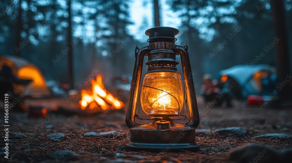 Closeup of a camper lighting a lantern at dusk, softly blurred background of a campfire, capturing a calm evening scene Closeup of a camper lighting a lantern at dusk, softly blurred background of a campfire, capturing a calm evening scene