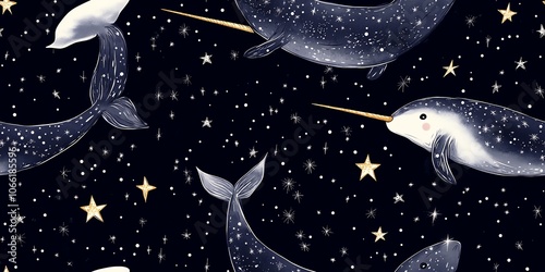 Seamless pattern with narwhals and stars on black background. photo