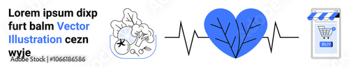 Doctor examining X-ray, blue heart with heartbeat line, and e-commerce store. Ideal for medical websites, e-commerce, telemedicine, health blogs, digital healthcare promotions, wellness apps, online