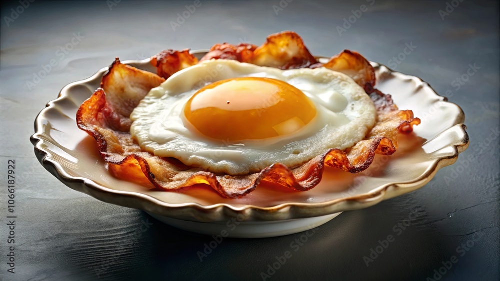 A perfectly cooked sunny-side-up egg nestled in a crispy, golden brown bacon halo, resting on a delicate, fluted plate, ready to be enjoyed. A perfectly cooked sunny-side-up egg nestled in a crispy, golden brown bacon halo, resting on a delicate, fluted plate, ready to be enjoyed.