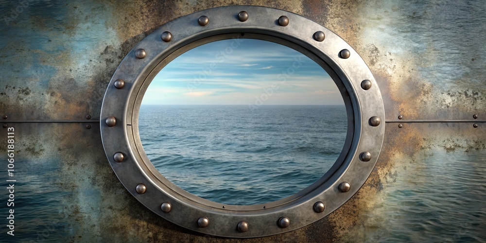 Fototapeta premium A glimpse of the boundless horizon through a weathered, riveted porthole reveals a vast expanse of shimmering blue water.