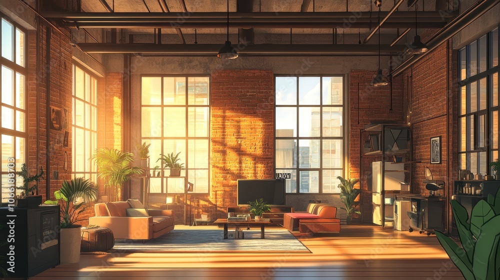 Fototapeta premium Modern Loft Apartment with Sunlight Streaming Through Windows