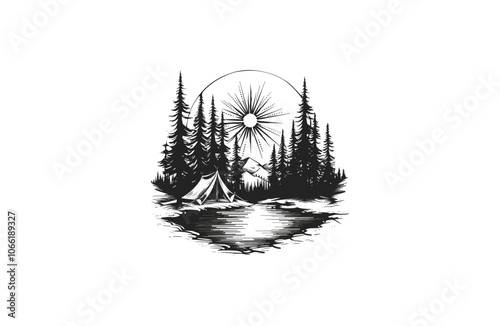 Forest camping outdoor engraving logo vintage vector
