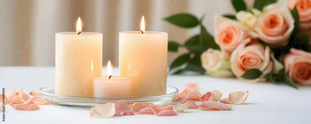 Floating globe candles in a shallow glass tray with water and flower petals, wedding table lighting, elegant and unique, 3D illustration Floating globe candles in a shallow glass tray with water and flower petals, wedding table lighting, elegant and unique, 3D illustration