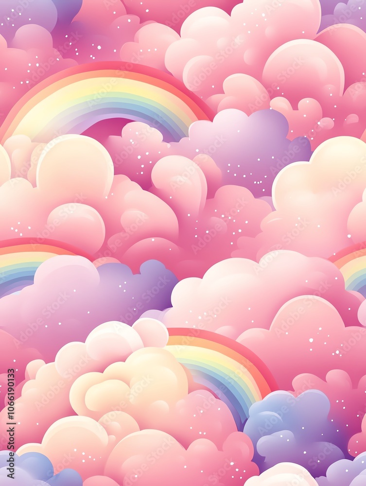 Vibrant rainbow arching through fluffy clouds in a pastel sky. Vibrant rainbow arching through fluffy clouds in a pastel sky.