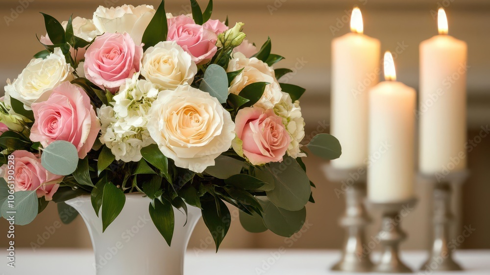 Gilded candelabras with taper candles in soft pink and white, wedding table lighting, creating a luxurious and romantic atmosphere Gilded candelabras with taper candles in soft pink and white, wedding table lighting, creating a luxurious and romantic atmosphere