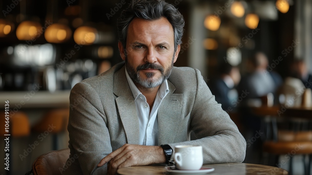 Confident man enjoying coffee in a modern cafe, relaxing atmosphere. Confident man enjoying coffee in a modern cafe, relaxing atmosphere.