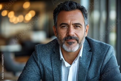 Confident man in a blazer smiling, modern interior background with soft lighting. photo