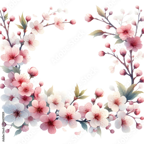 Wallpaper Mural 흰 배경, 벚꽃 프레임, 테두리, 수채화 (White background, cherry blossoms frame, border, water colour) Torontodigital.ca