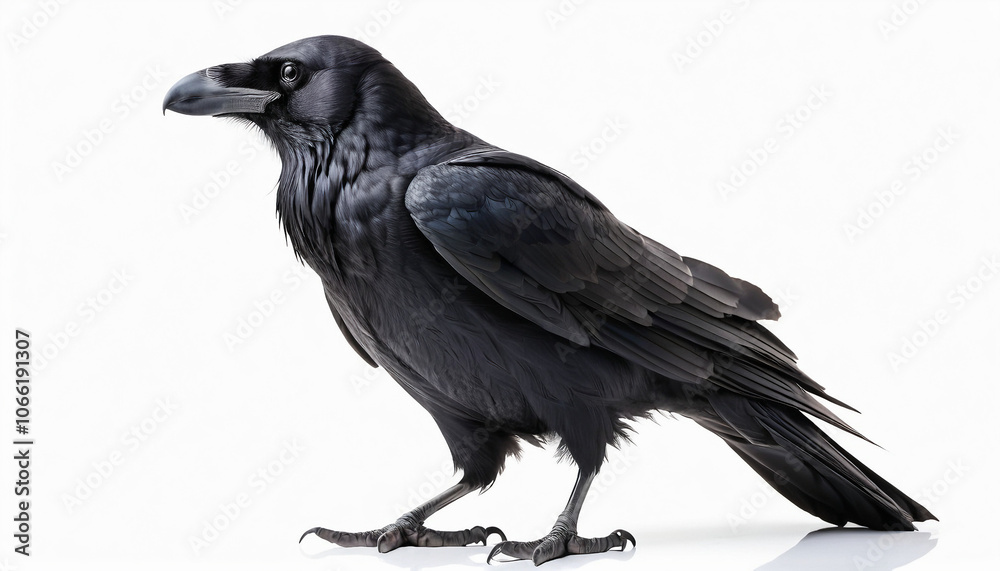 Fototapeta premium A Common Raven (Corvus corax) on clean white background. Suitable for marketing or business purposes. Panoramic banner with place for text