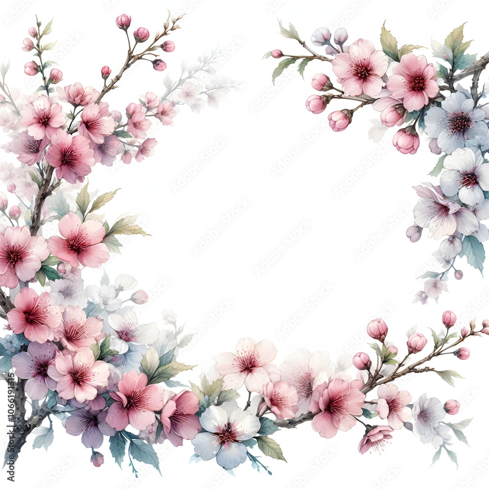 Fototapeta premium 흰 배경, 벚꽃 프레임, 테두리, 수채화 (White background, cherry blossoms frame, border, water colour)