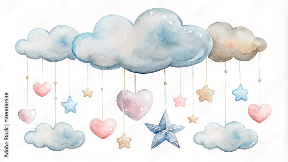 Obraz premium Watercolor illustration of a whimsical cloud mobile adorned with delicate stars and hearts, evoking a sense of childlike wonder and gentle dreams.