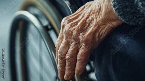 A close-up of an elderly person's hand resting on a wheelchair, showing the detailed texture of aging skin, symbolizing resilience and experience.