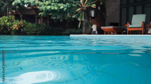 Serene poolside view featuring clear turquoise water and a modern lounge area surrounded by lush greenery, perfect for relaxation in a tranquil outdoor setting.