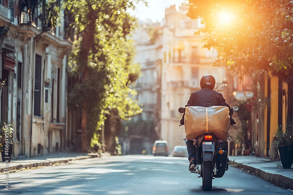 Obraz premium Delivery Driver Riding Motorcycle Through City Streets