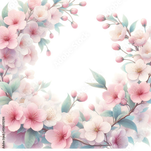 흰 배경, 벚꽃 프레임, 테두리, 파스텔화 (White background, cherry blossoms frame, border, pastel painting)