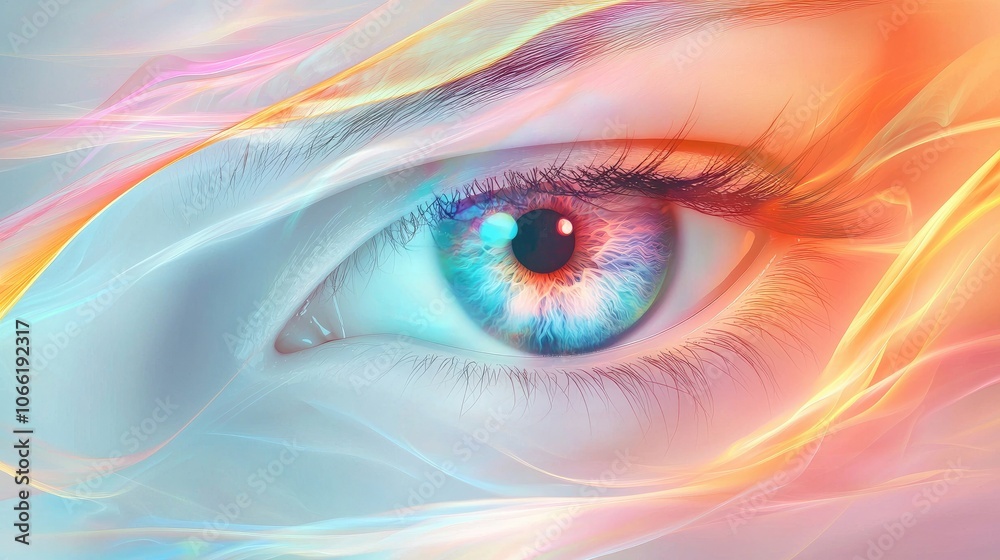 Fototapeta premium Close-up of a vibrant blue eye surrounded by swirling, colorful light.