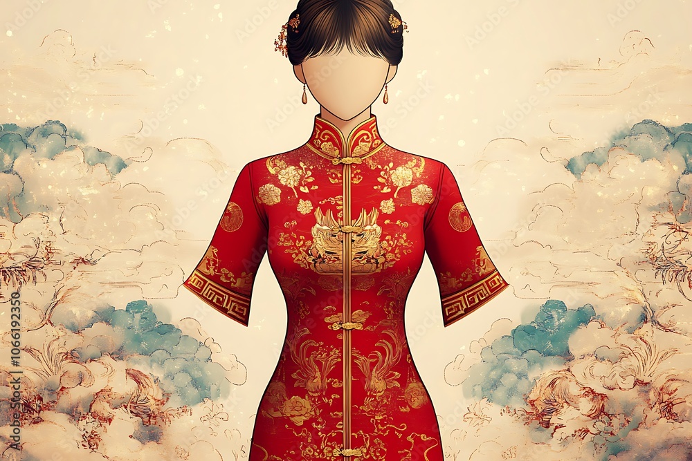 Fototapeta premium Elegant Red Cheongsam with Golden Accents Design