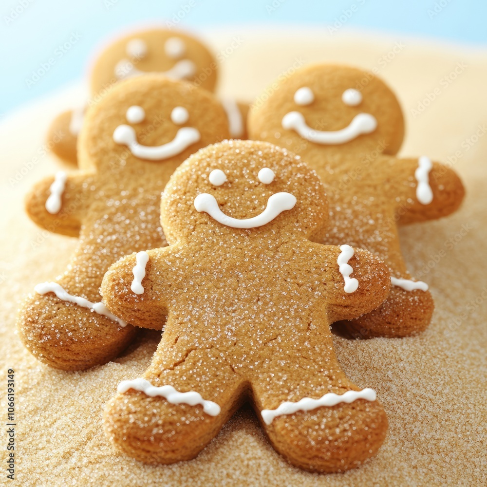 Three gingerbread men cookies on a bed of powdered sugar. Three gingerbread men cookies on a bed of powdered sugar.