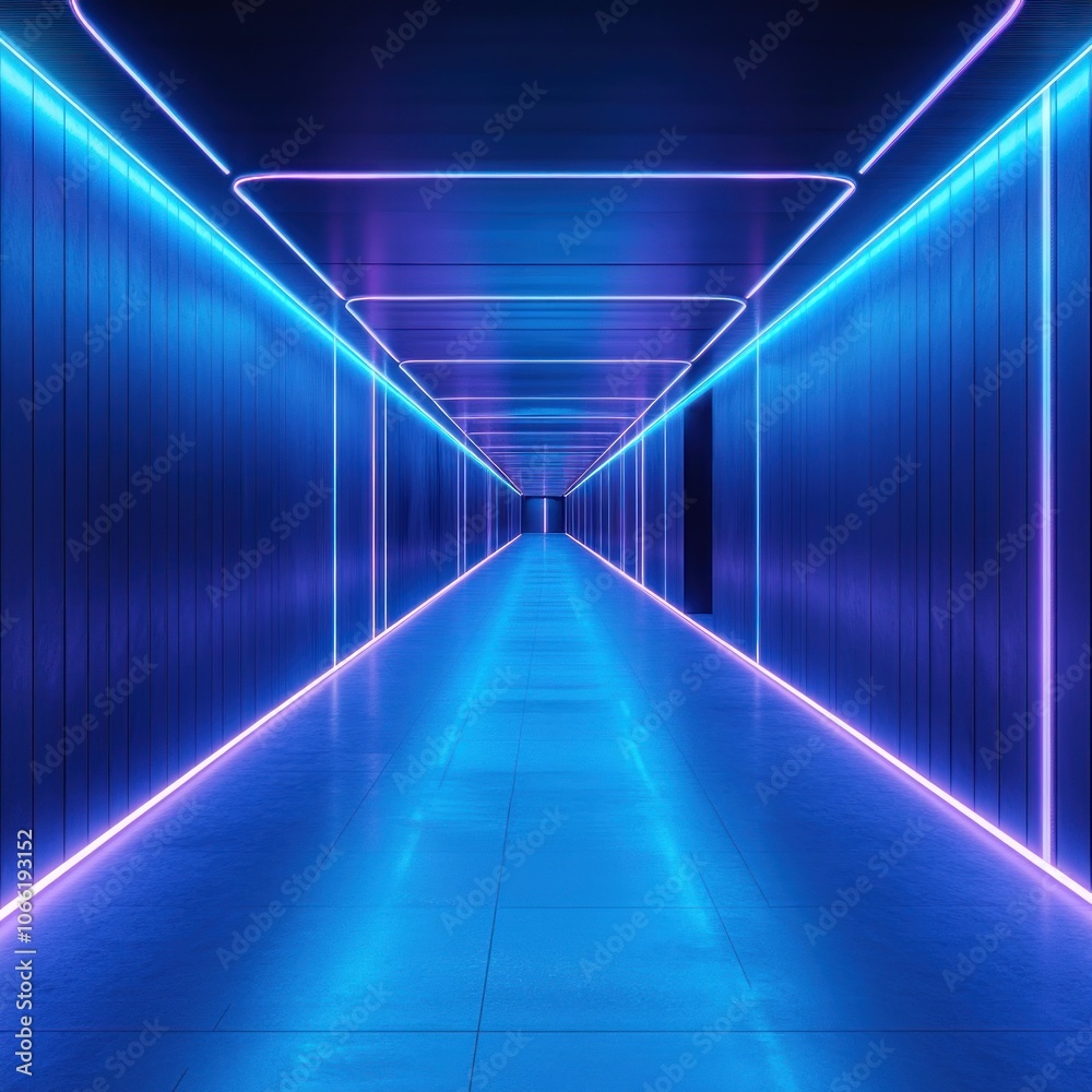 Fototapeta premium A blue and purple illuminated hallway with neon lights