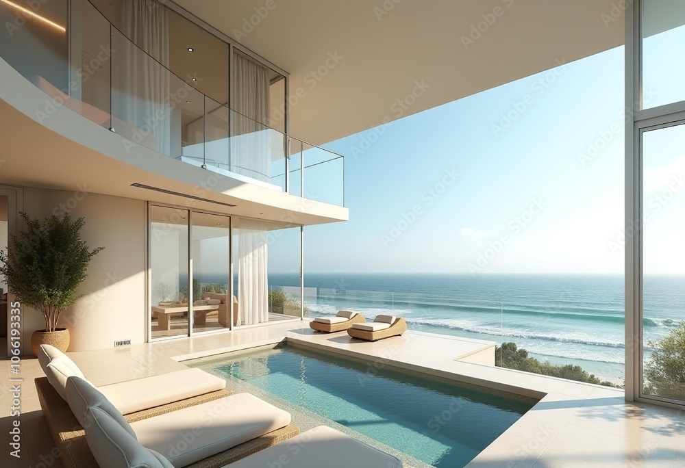 Fototapeta premium Minimalist Beachfront Haven: Serviced Apartments with Soaring Ceilings, Expansive Windows, Ocean Views, Luxe Spa - Serene Coastal Retreat